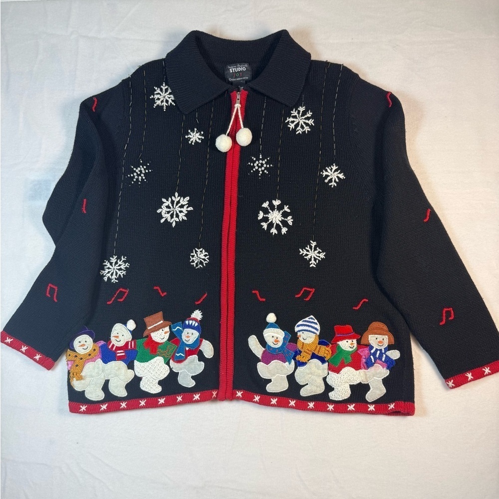 Studio Joy Black Zip-up Cardigan with Snowmen Size 1X